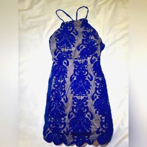 Bodycon Scalloped Edge Mini Dress w/Nude Underlay & Bra Cups- Size XS Blue
